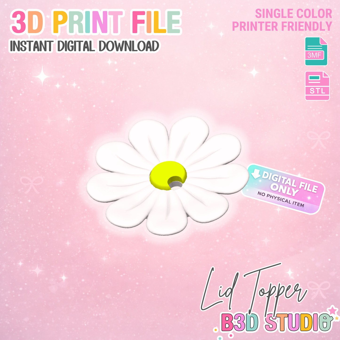 Daisy Lid Topper: 3D Print STL & 3MF File Cup Toppers (Digital Download)