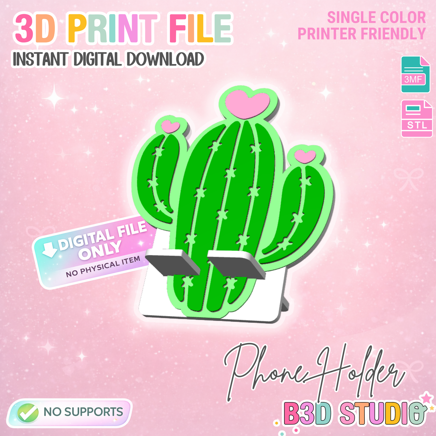 Heart Cactus Phone Holder 3D Print File (STL/3MF Digital Download)