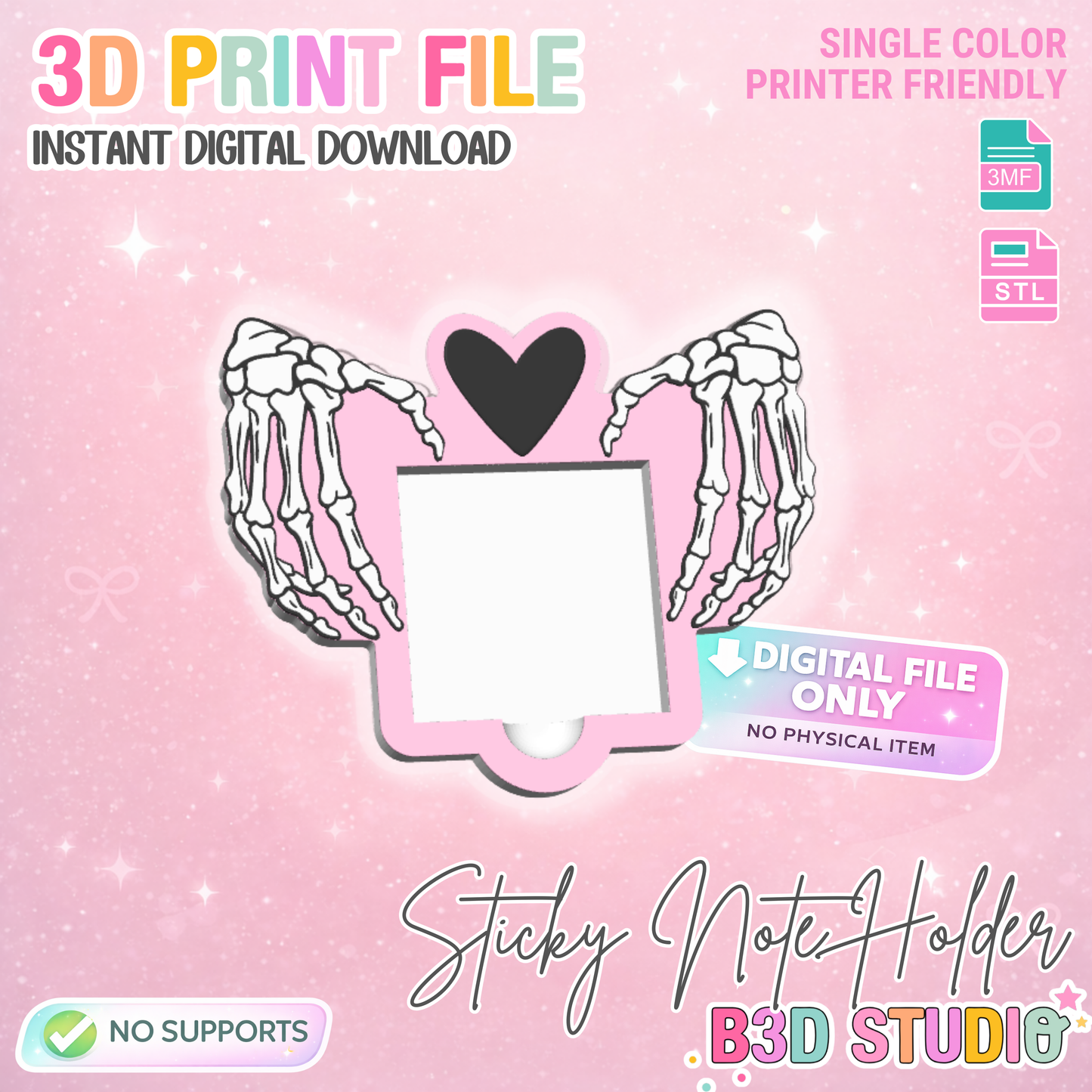 Skeleton Heart Hands Sticky Note Holder: 3D Print Desk Organizer (STL/3MF File)