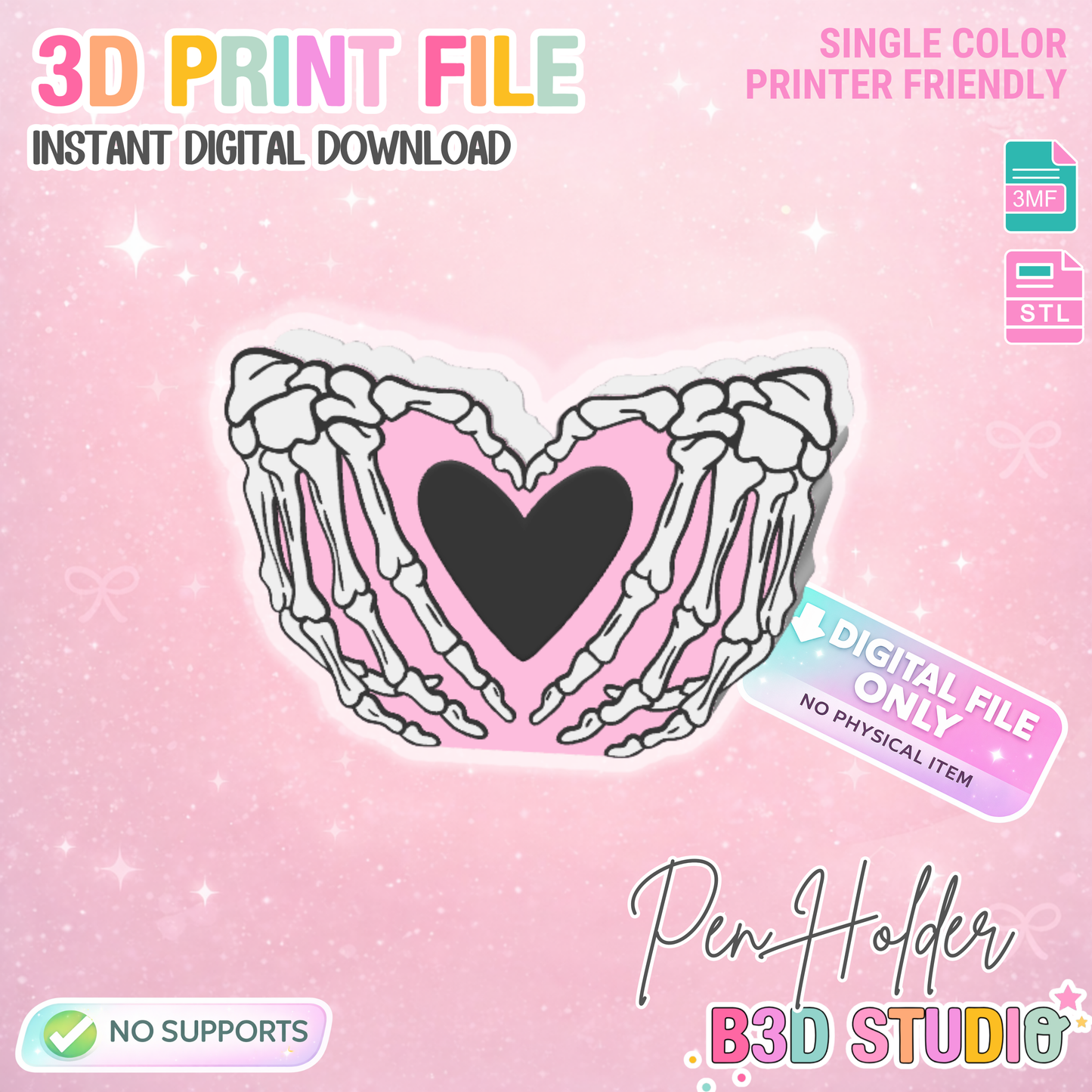 Skeleton Heart Hands Pen Holder – STL & 3MF 3D Print File (Digital Download)