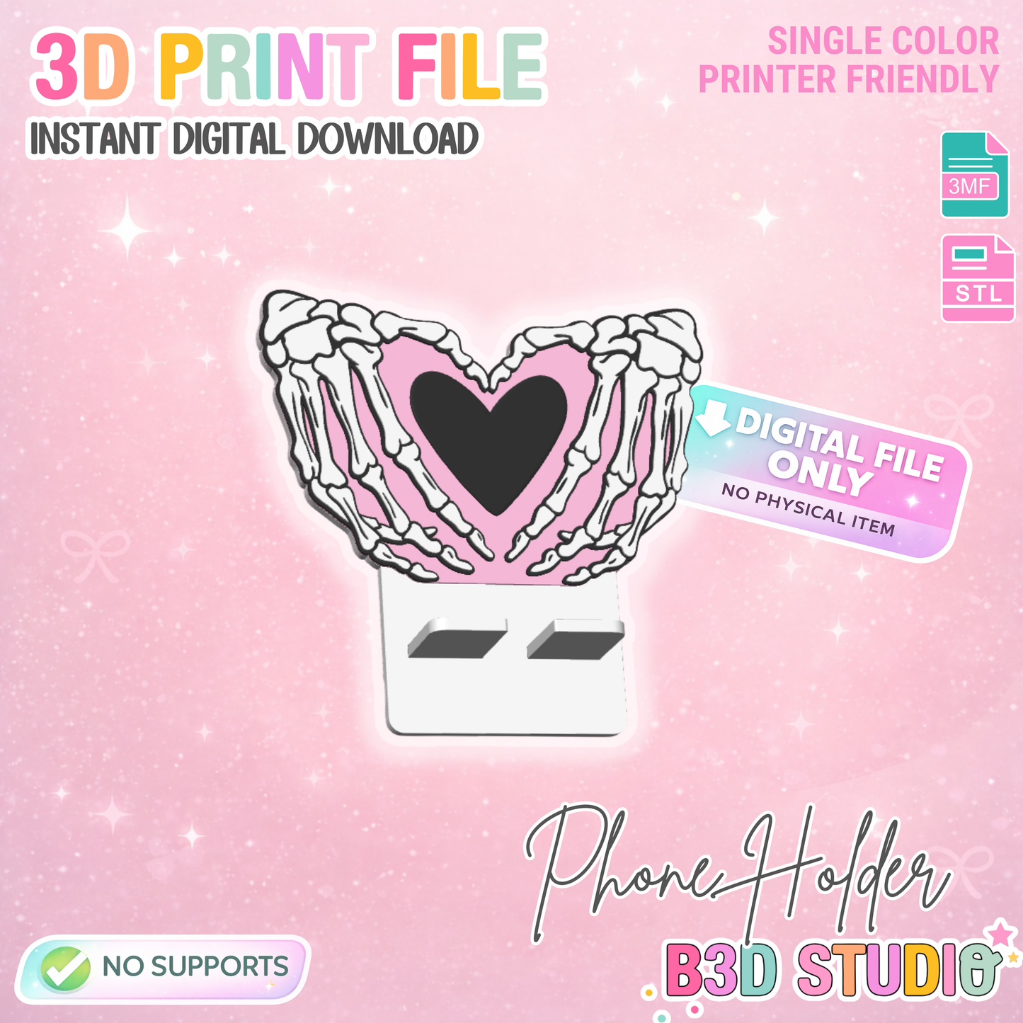 Skeleton Heart Hands Phone Holder 3D Print File: Desk Decor (STL/3MF Digital Download)