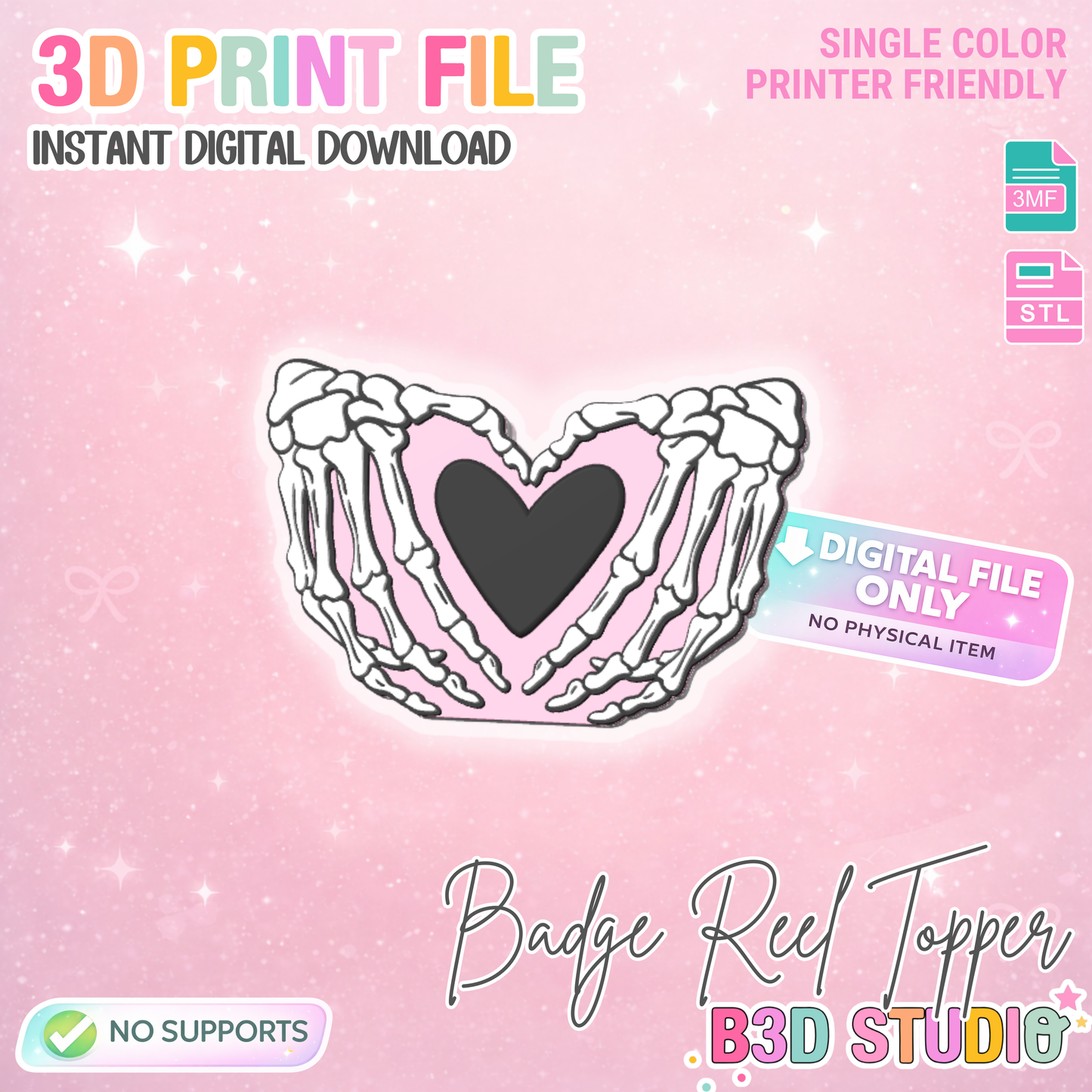 Skeleton Heart Hands Badge Reel Topper 3D Print File (STL & 3MF Digital Download)