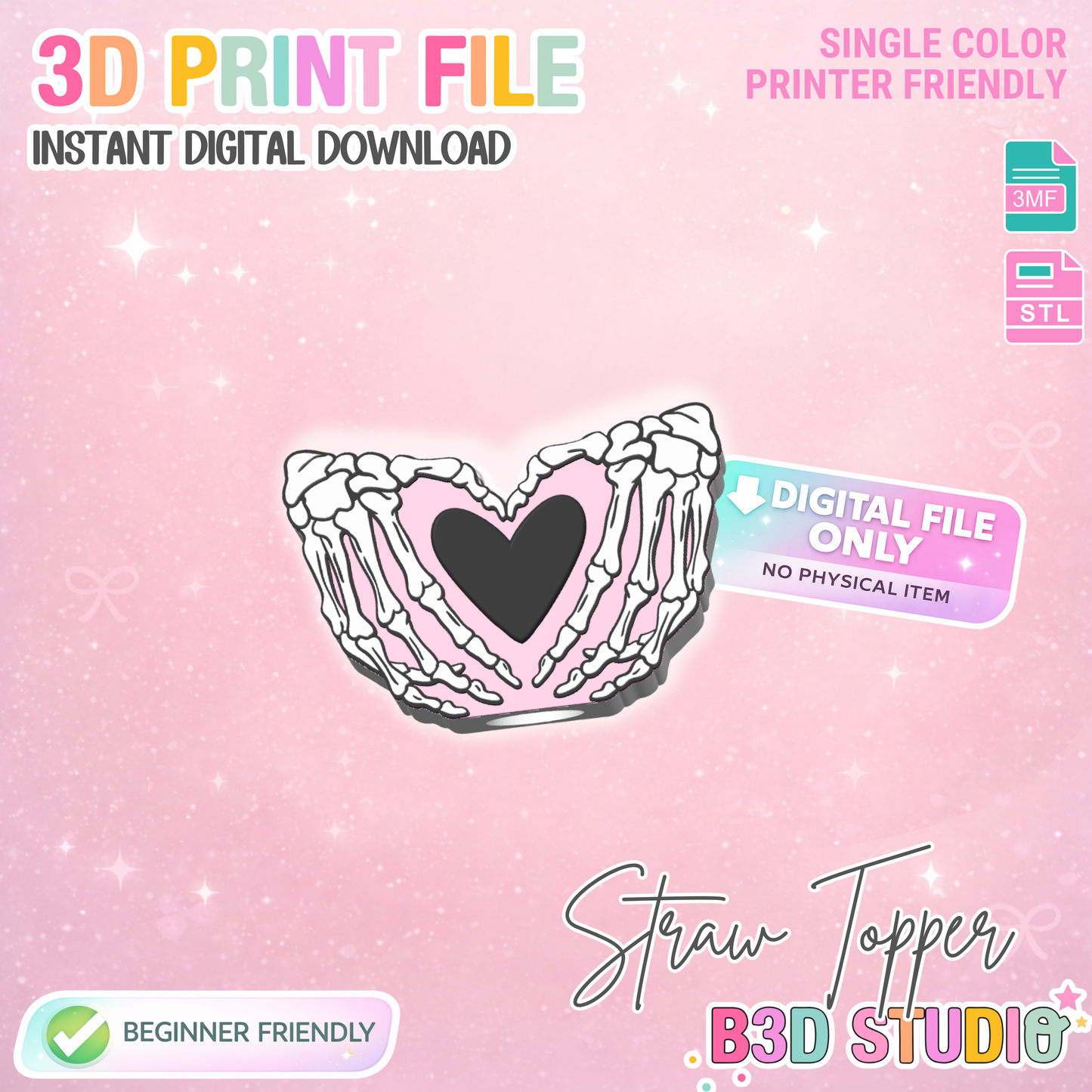 Skeleton Heart Hands Straw Topper 3D Print File (STL & 3MF Digital Download) 8mm/10mm