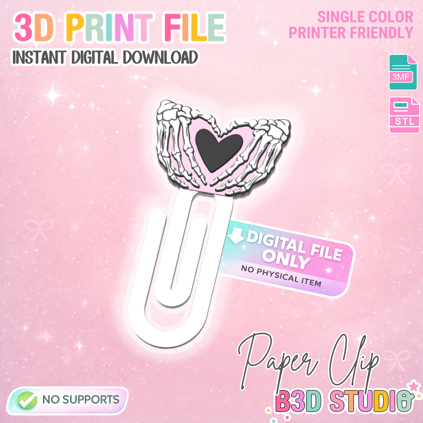Skeleton Heart Hands Paper Clip 3D Print File (STL & 3MF Digital Download)