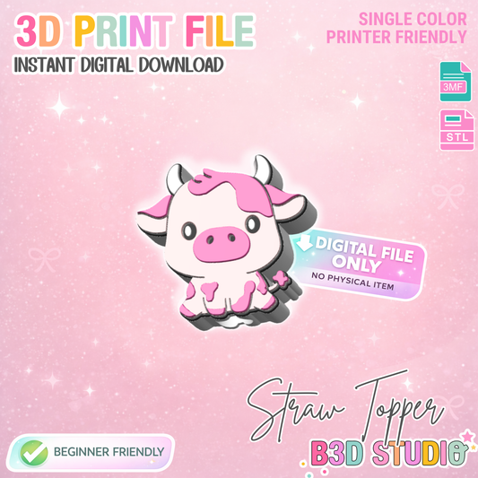 Cow Straw Topper 3D Print File (STL & 3MF Digital Download) 8mm + 10mm Sizes