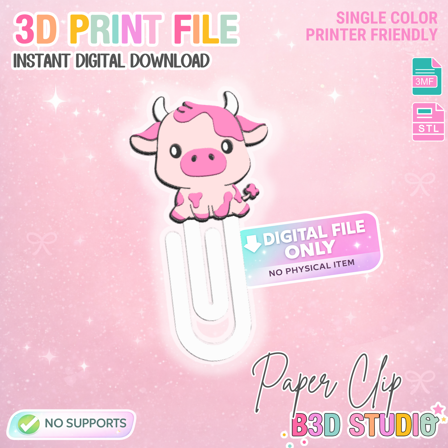Cow Paper Clip 3D Print File (STL & 3MF Digital Download)