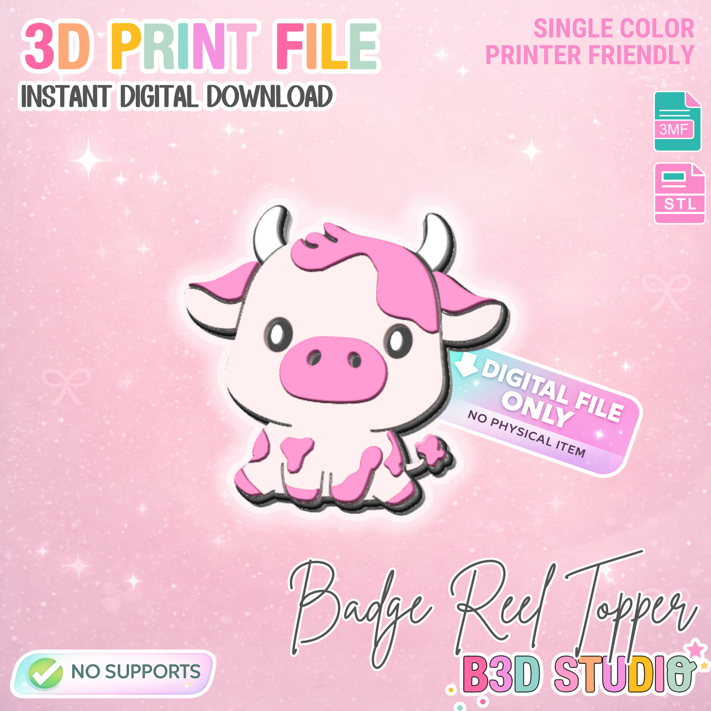 Cow Badge Reel Topper 3D Print File (STL & 3MF Digital Download)