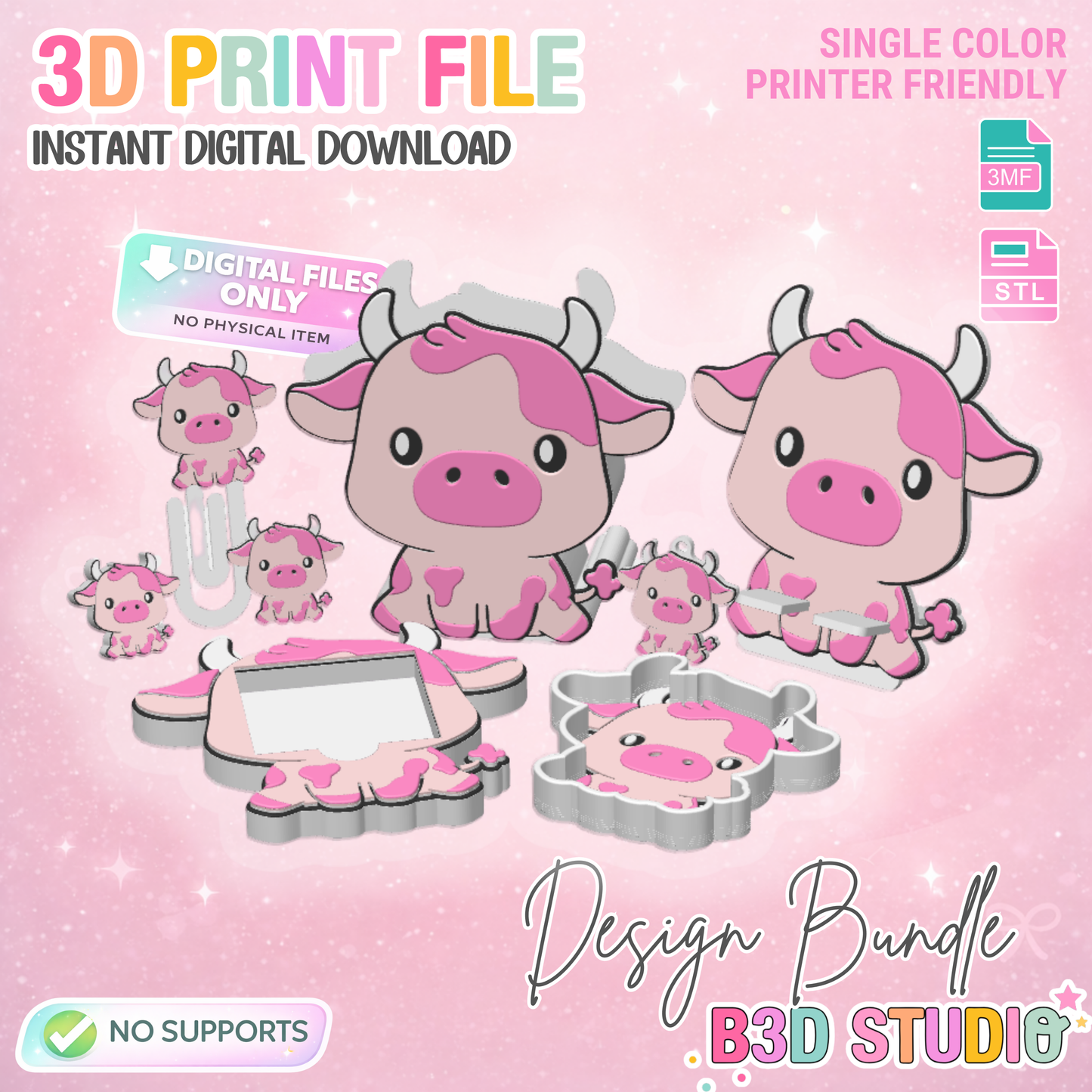 Cow 3D Print File Bundle – Desk Decor (STL/3MF Digital Download)