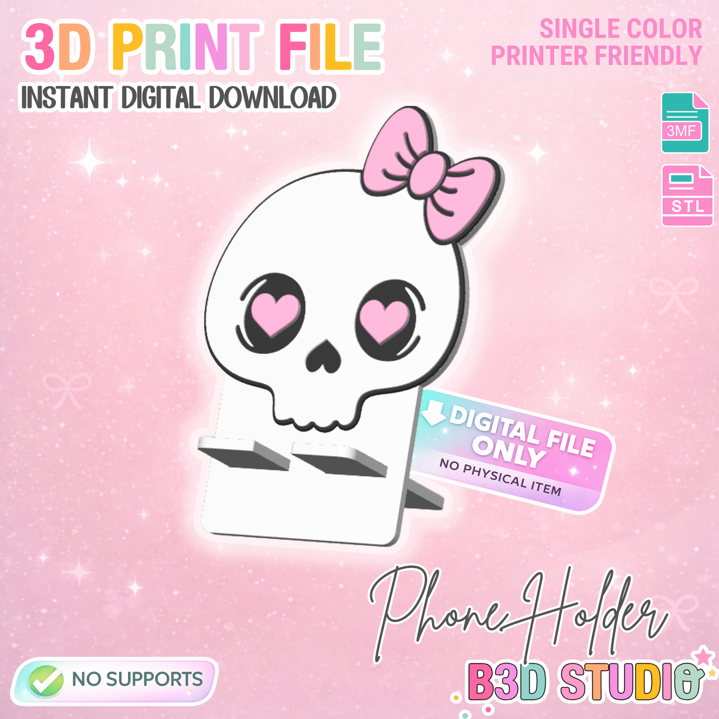 Skull Bow Phone Holder 3D Print File: Desk Decor (STL/3MF Digital Download)