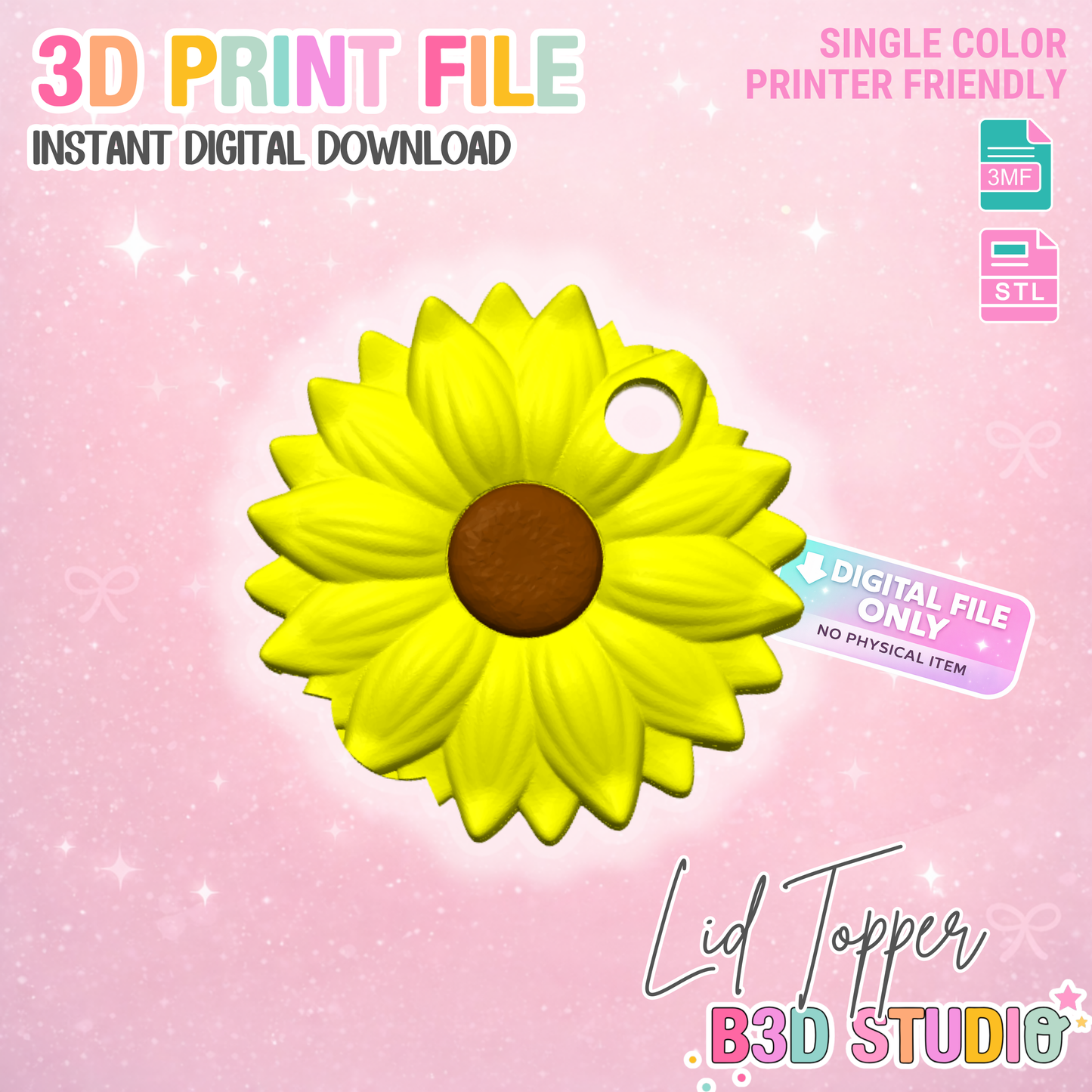 30oz Sunflower Tumbler Topper: 3D Print STL & 3MF File Lid Toppers (Digital Download)