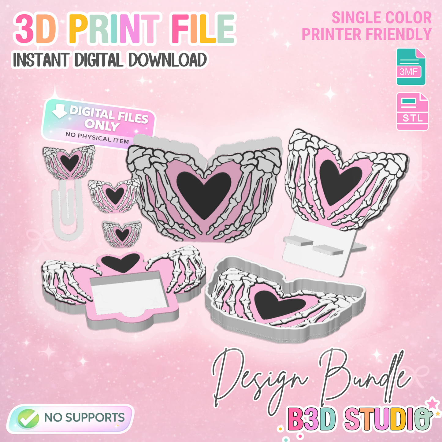 Skeleton Heart Hands 3D Print File Bundle – Desk Decor (STL/3MF Digital Download)