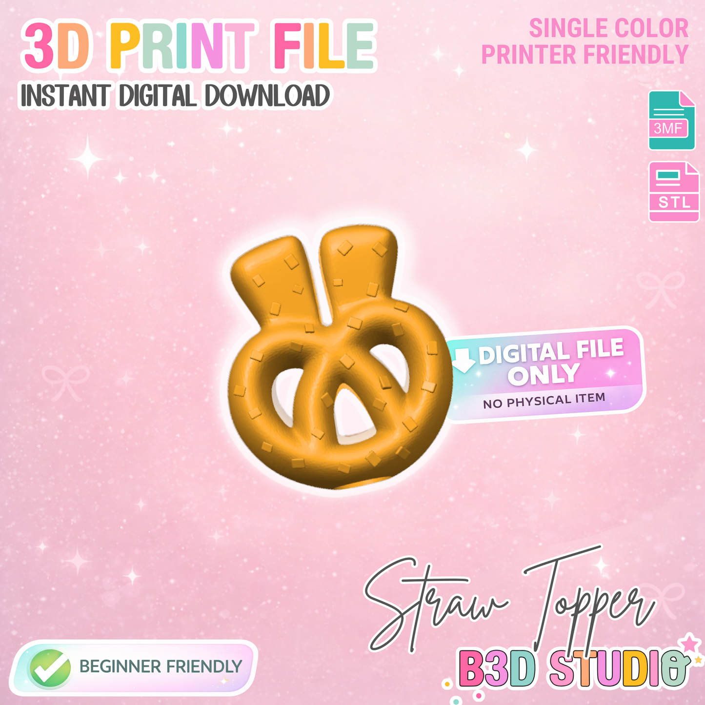 Bunny Pretzel Straw Topper 3D Print File (STL & 3MF Digital Download) 8mm + 10mm Sizes