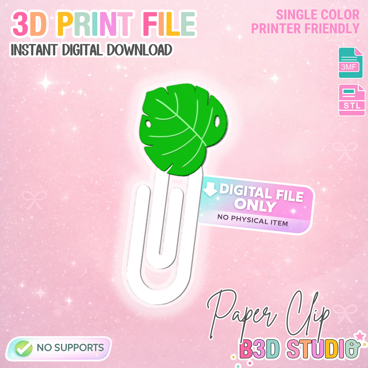 Monstera Leaf Paper Clip 3D Print File (STL & 3MF Digital Download)