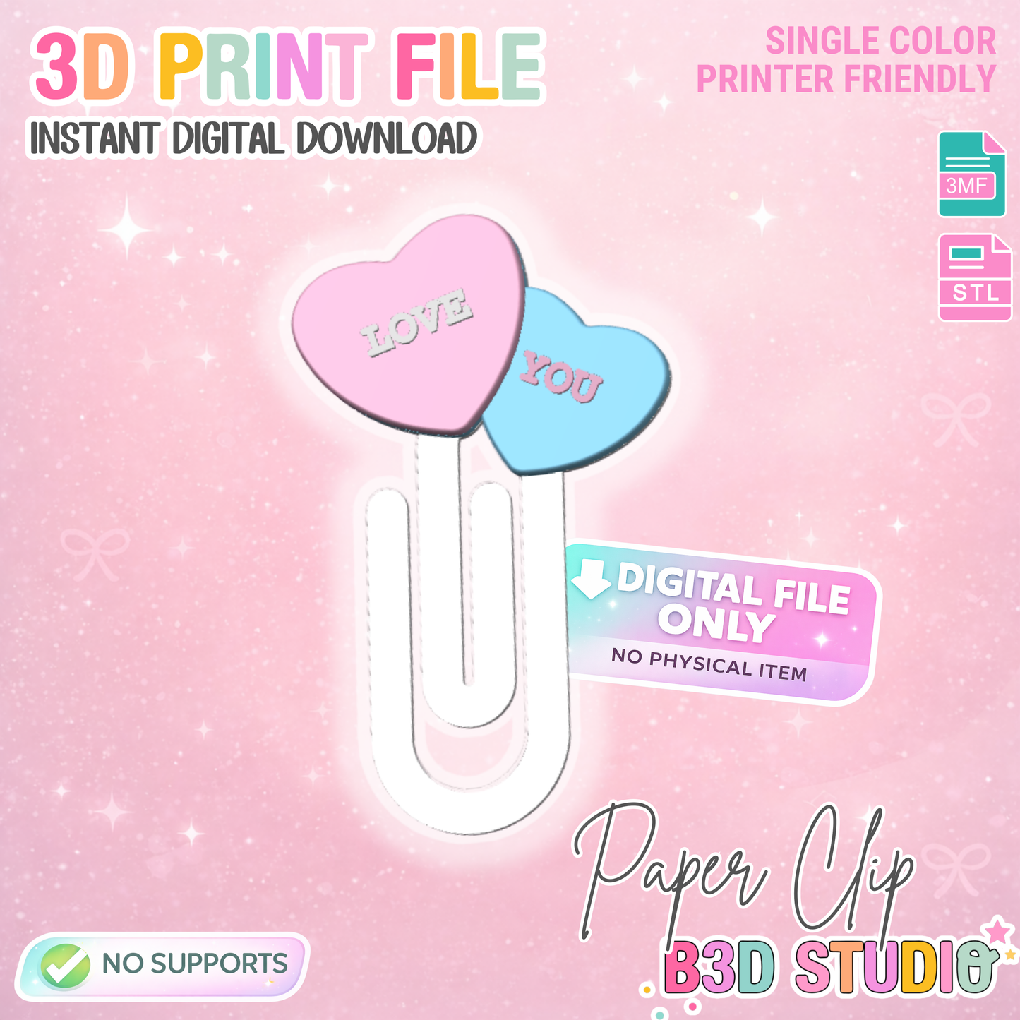 Candy Hearts Paper Clip 3D Print File (STL & 3MF Digital Download)
