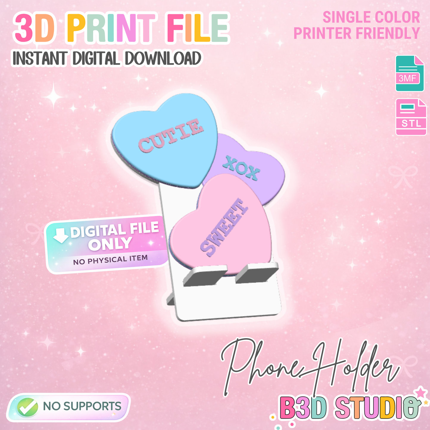 Candy Hearts Phone Holder 3D Print File: Fun Desk Decor (STL/3MF Digital Download)