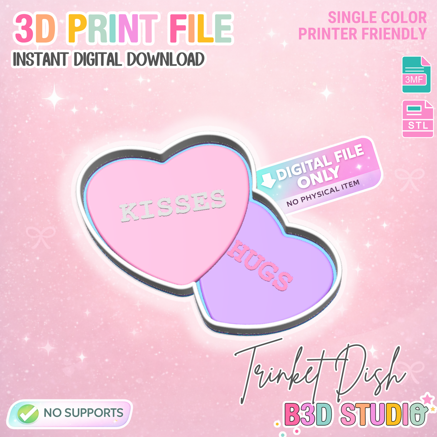 Candy Hearts Trinket Dish 3D Print File – STL/3MF Desk Organization (Digital Download)
