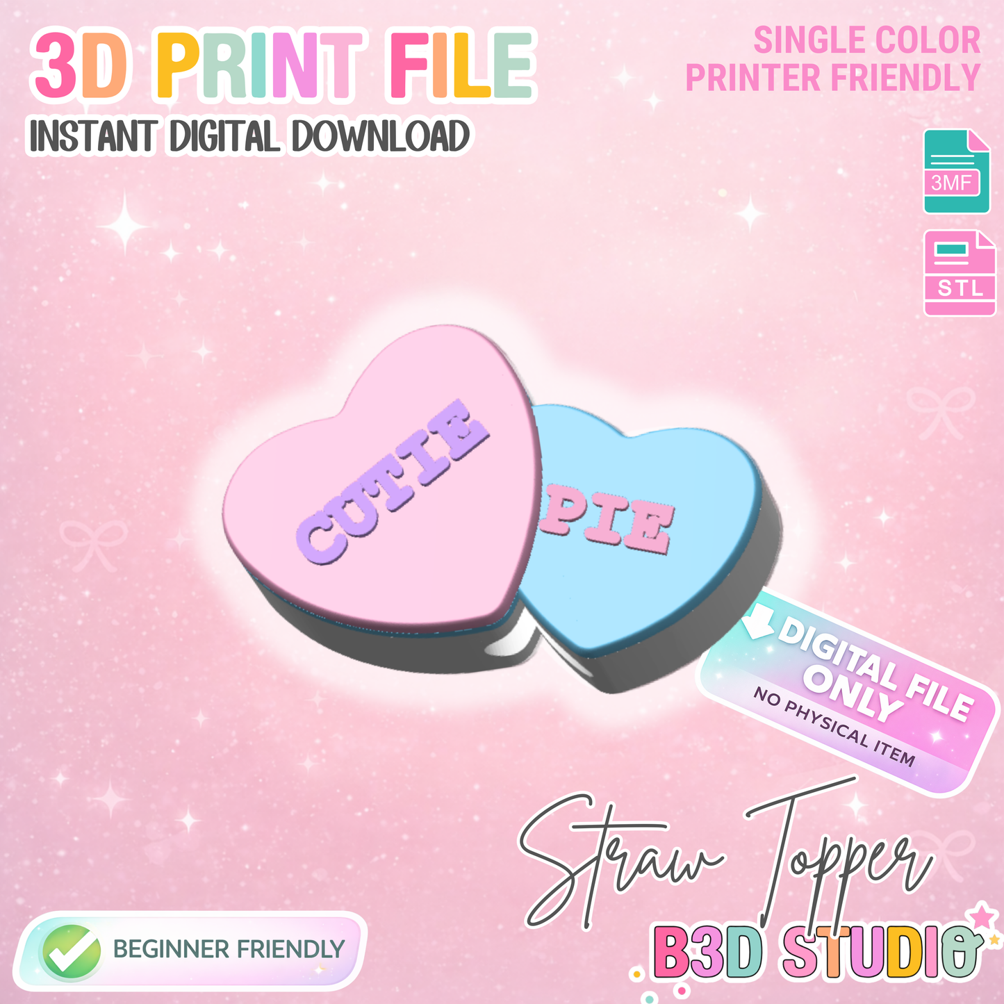 Candy Heart Straw Topper 3D Print File (STL & 3MF Digital Download) 8mm + 10mm Sizes