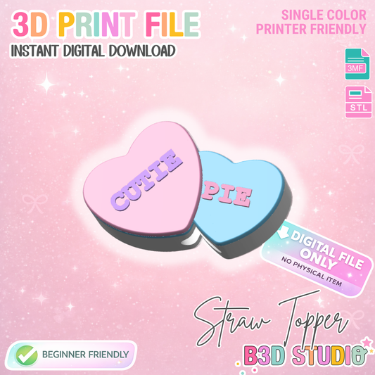 Candy Heart Straw Topper 3D Print File (STL & 3MF Digital Download) 8mm + 10mm Sizes