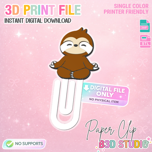 Sloth Paper Clip 3D Print File (STL & 3MF Digital Download)