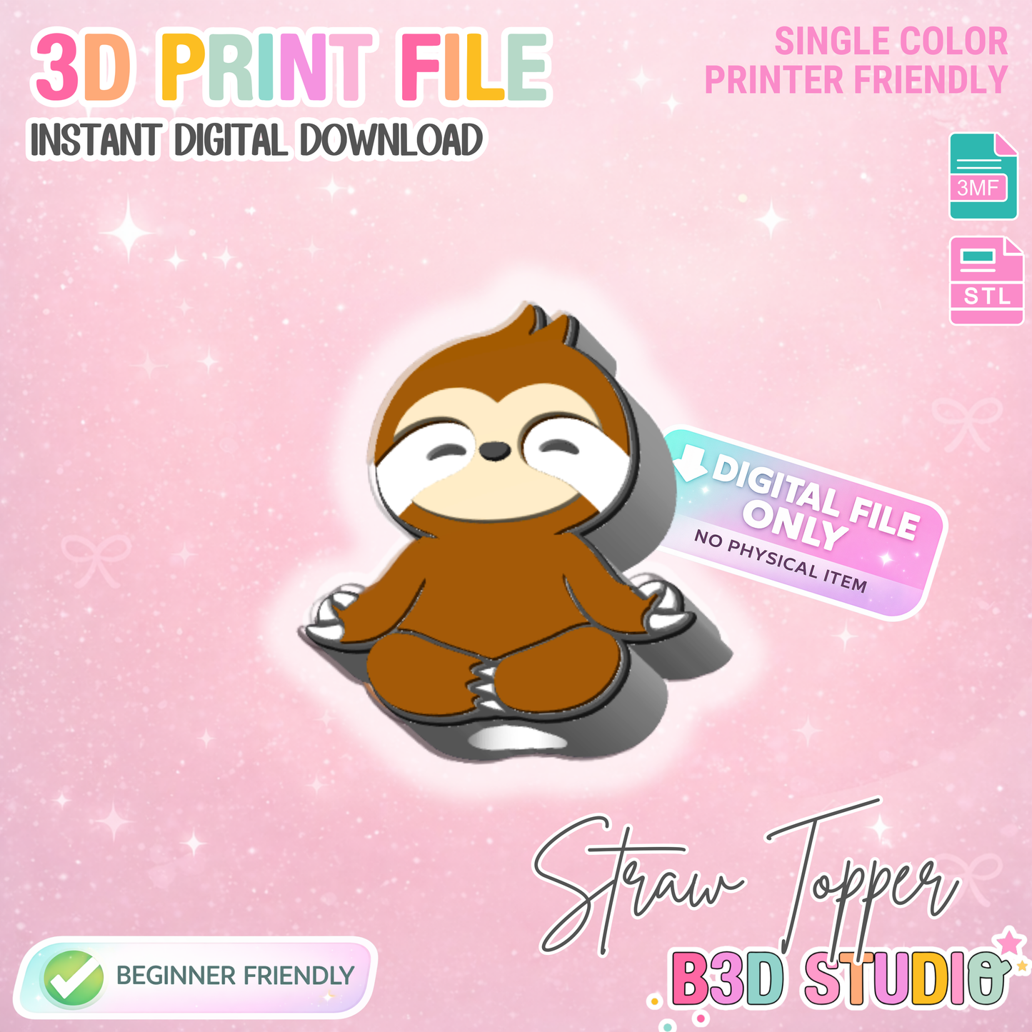 Sloth Straw Topper 3D Print File (STL & 3MF Digital Download) 8mm + 10mm Sizes