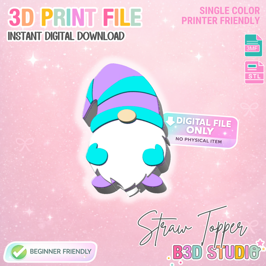 Gnome Straw Topper 3D Print File (STL & 3MF Digital Download) 8mm + 10mm Sizes