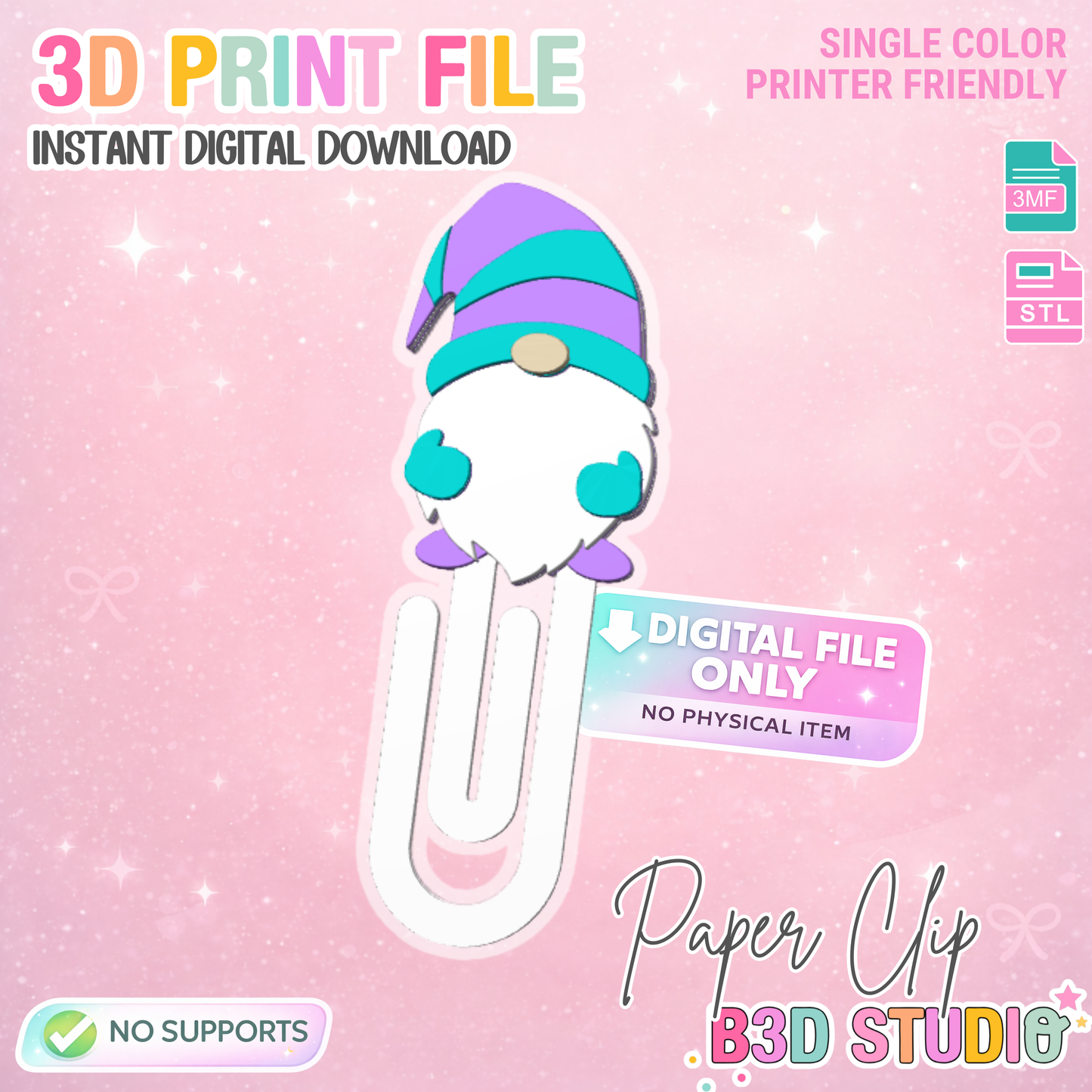 Gnome Paper Clip 3D Print File (STL & 3MF Digital Download)