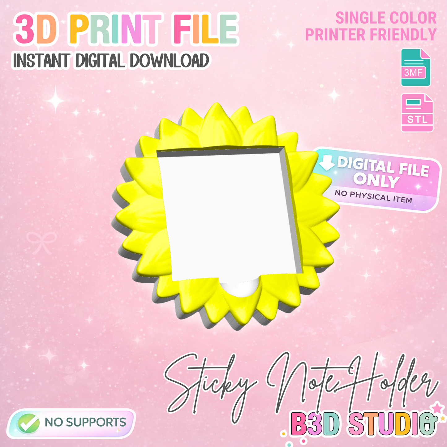 Sunflower Detailed Sticky Note Holder: Digital Download (STL/3MF File)