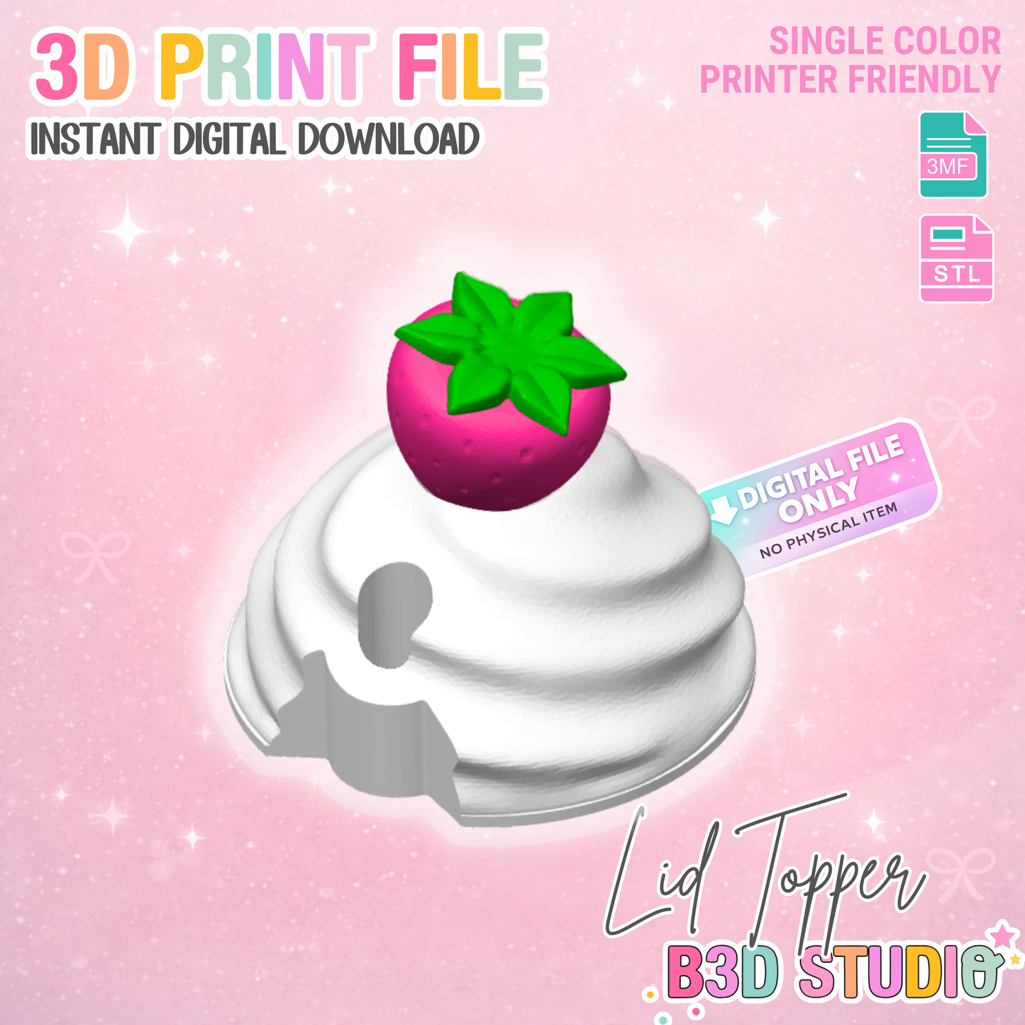 40oz Strawberry Whip Tumbler Topper: 3D Print STL & 3MF File Lid Toppers (Digital Download)