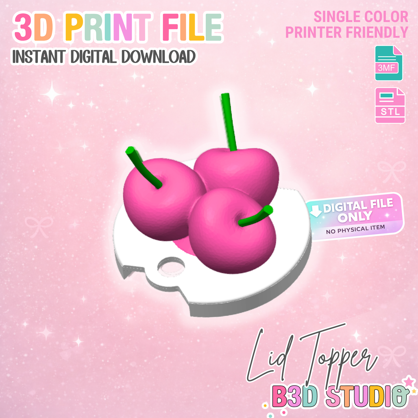 30oz Cherries Tumbler Topper: 3D Print STL & 3MF File Lid Toppers (Digital Download)