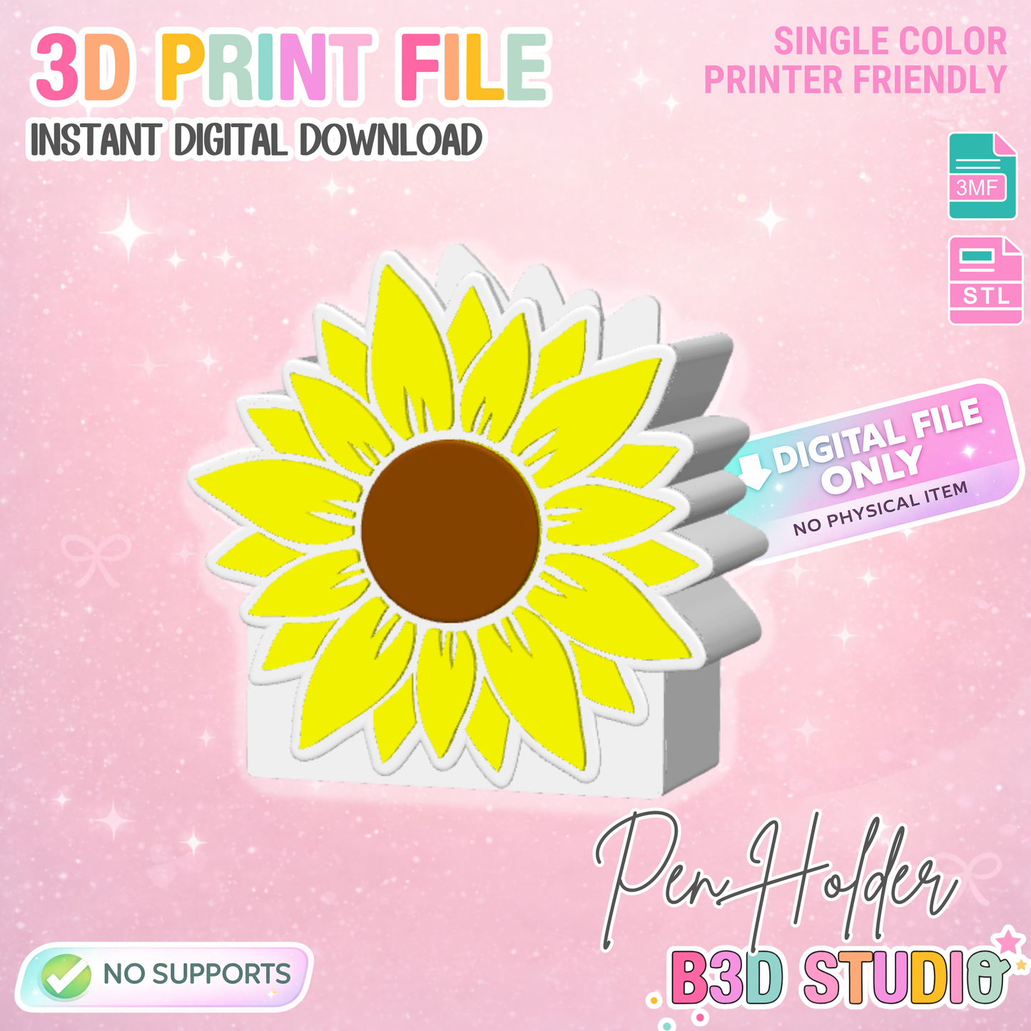 Sunflower Pen Holder: 3D Print STL & 3MF File (Digital Download)