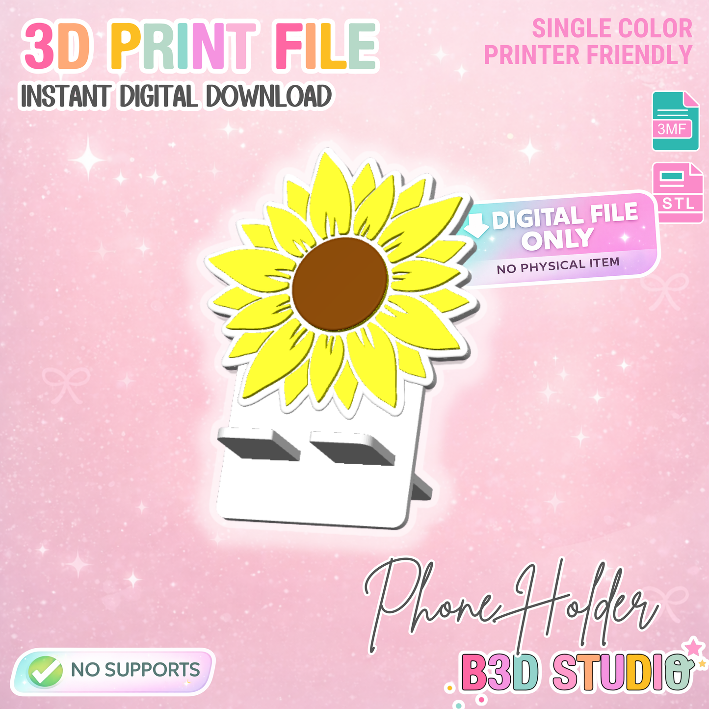 Sunflower Phone Holder 3D Print File: Desk Decor (STL/3MF Digital Download)