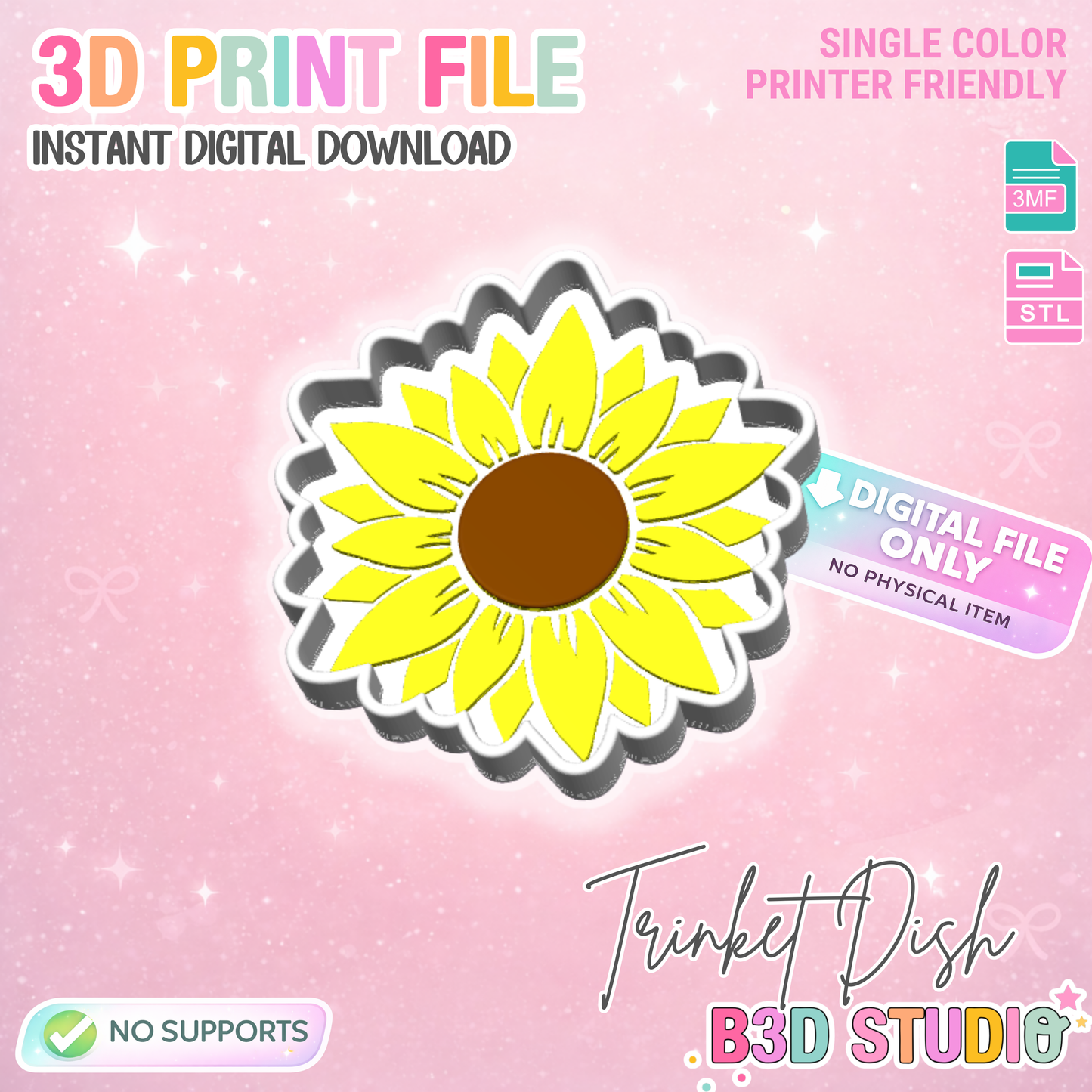 Sunflower Trinket Dish STL & 3MF 3D Print File – Desk Organization (Digital Download)