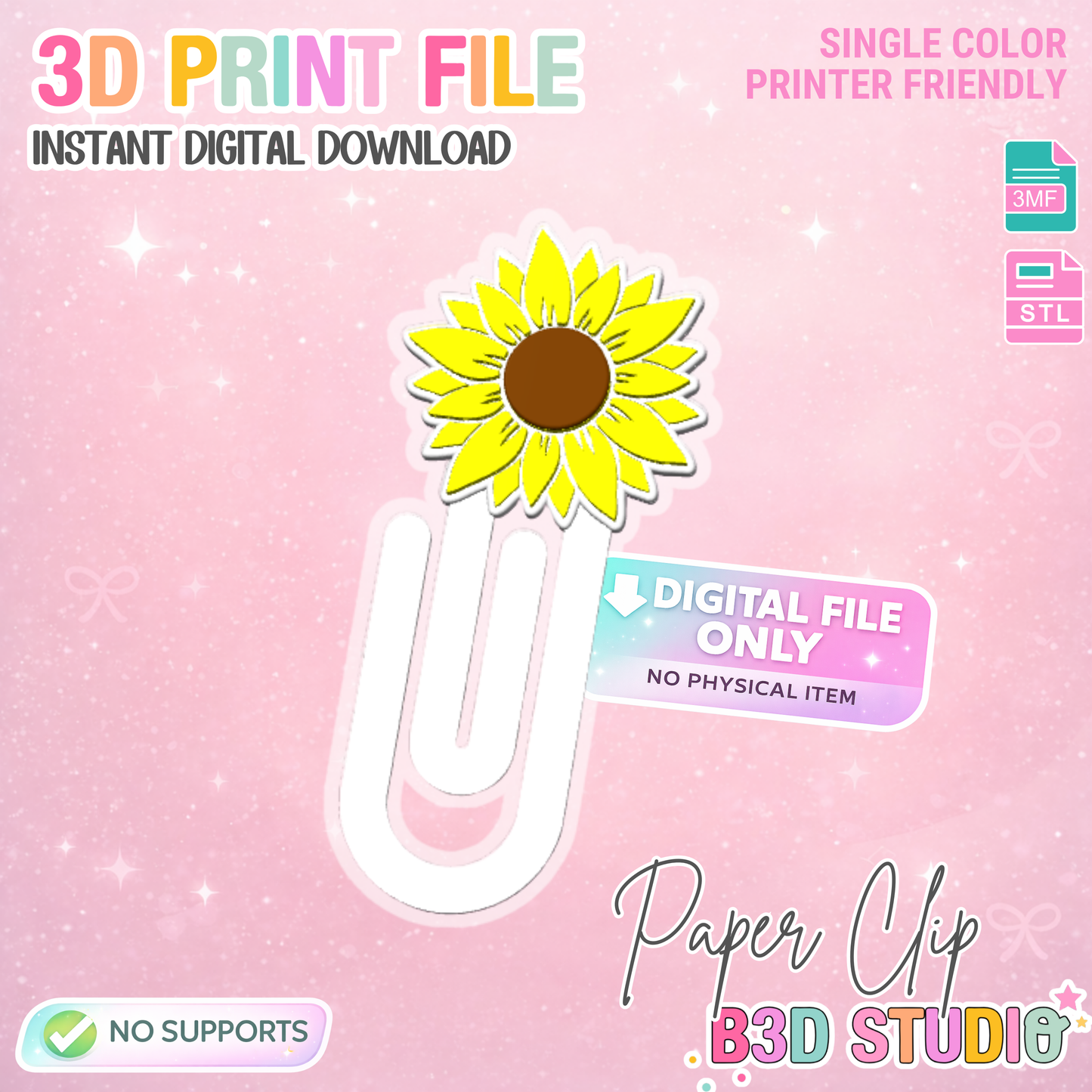 Sunflower Paper Clip 3D Print File (STL & 3MF Digital Download)