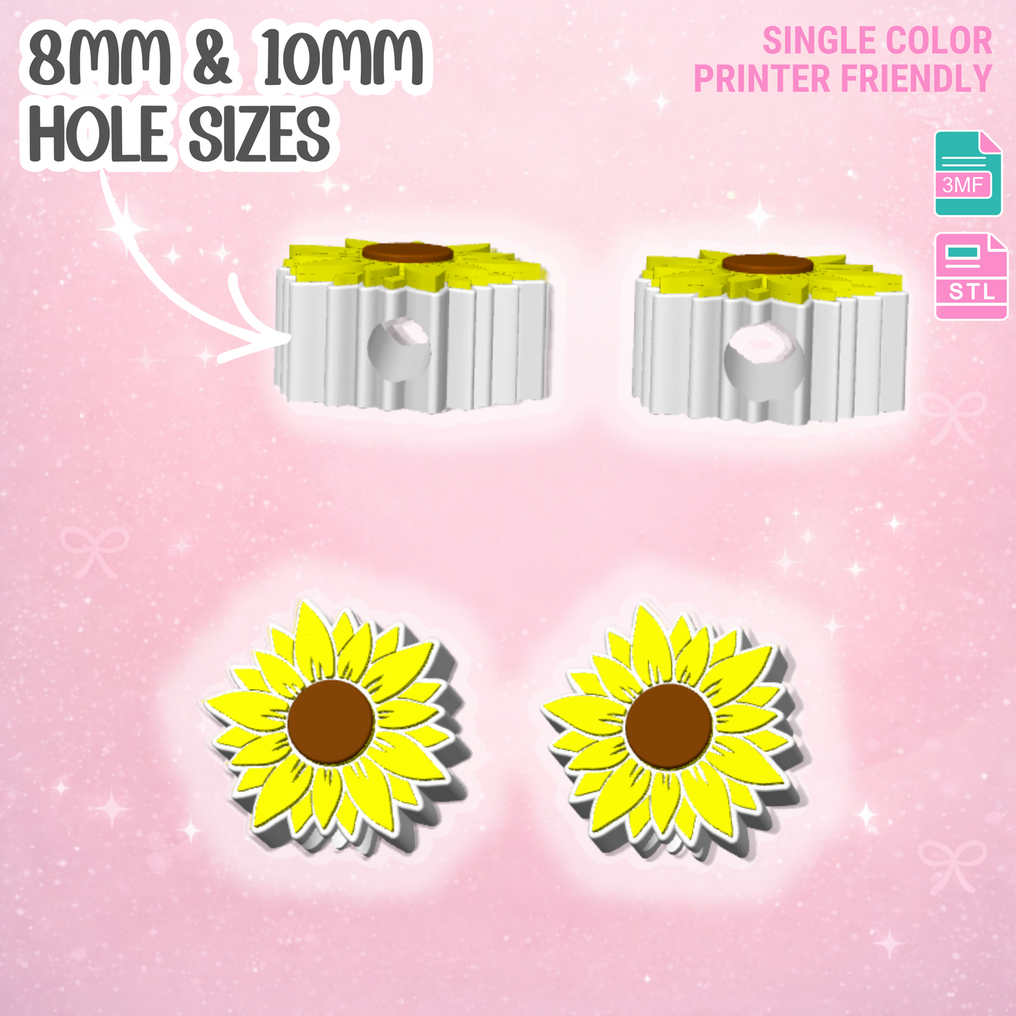 Sunflower Straw Topper 3D Print File (STL & 3MF Digital Download) 8mm + 10mm Sizes