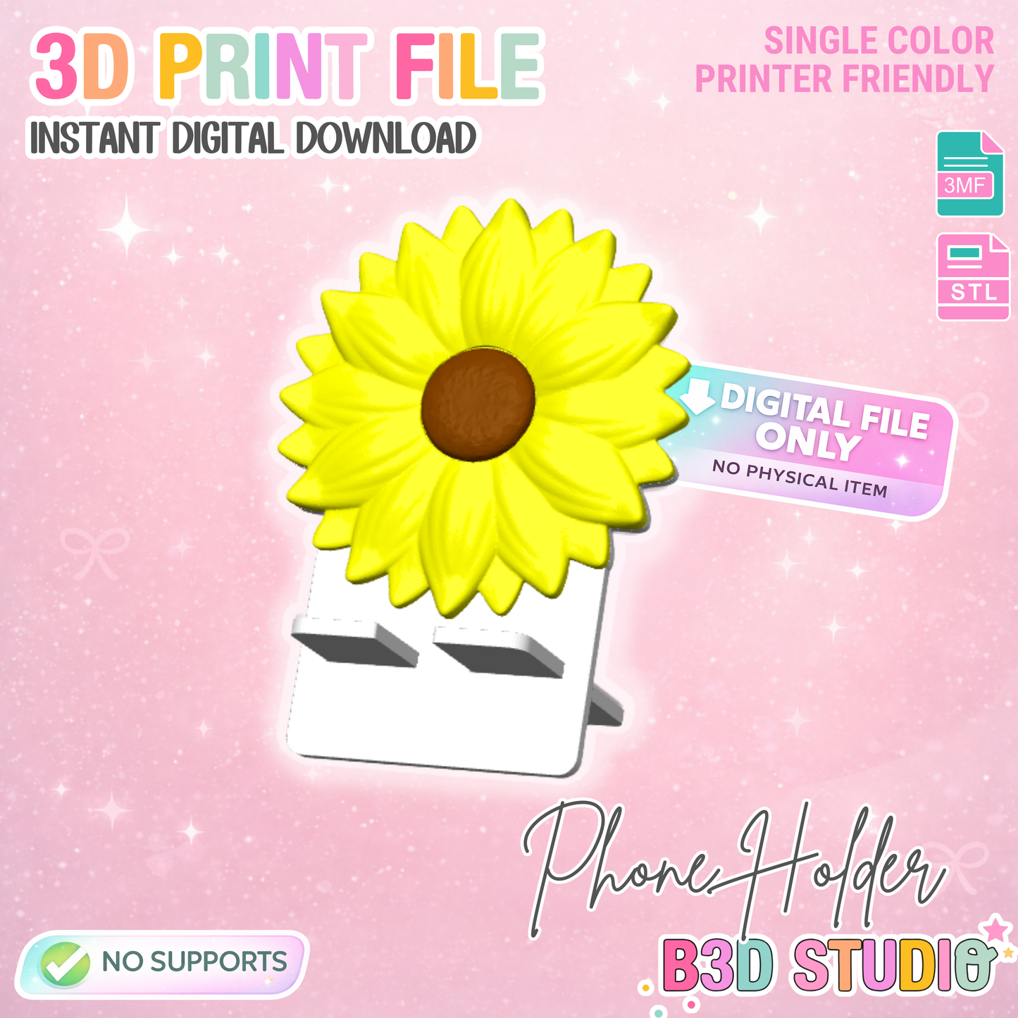 Sunflower Phone Holder Detailed Sculpted 3D Print File: Desk Decor (STL/3MF Digital Download)