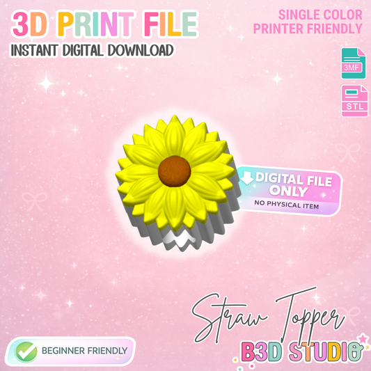 Sunflower Straw Topper Detailed 3D Print File (STL & 3MF Digital Download) 8mm + 10mm Sizes