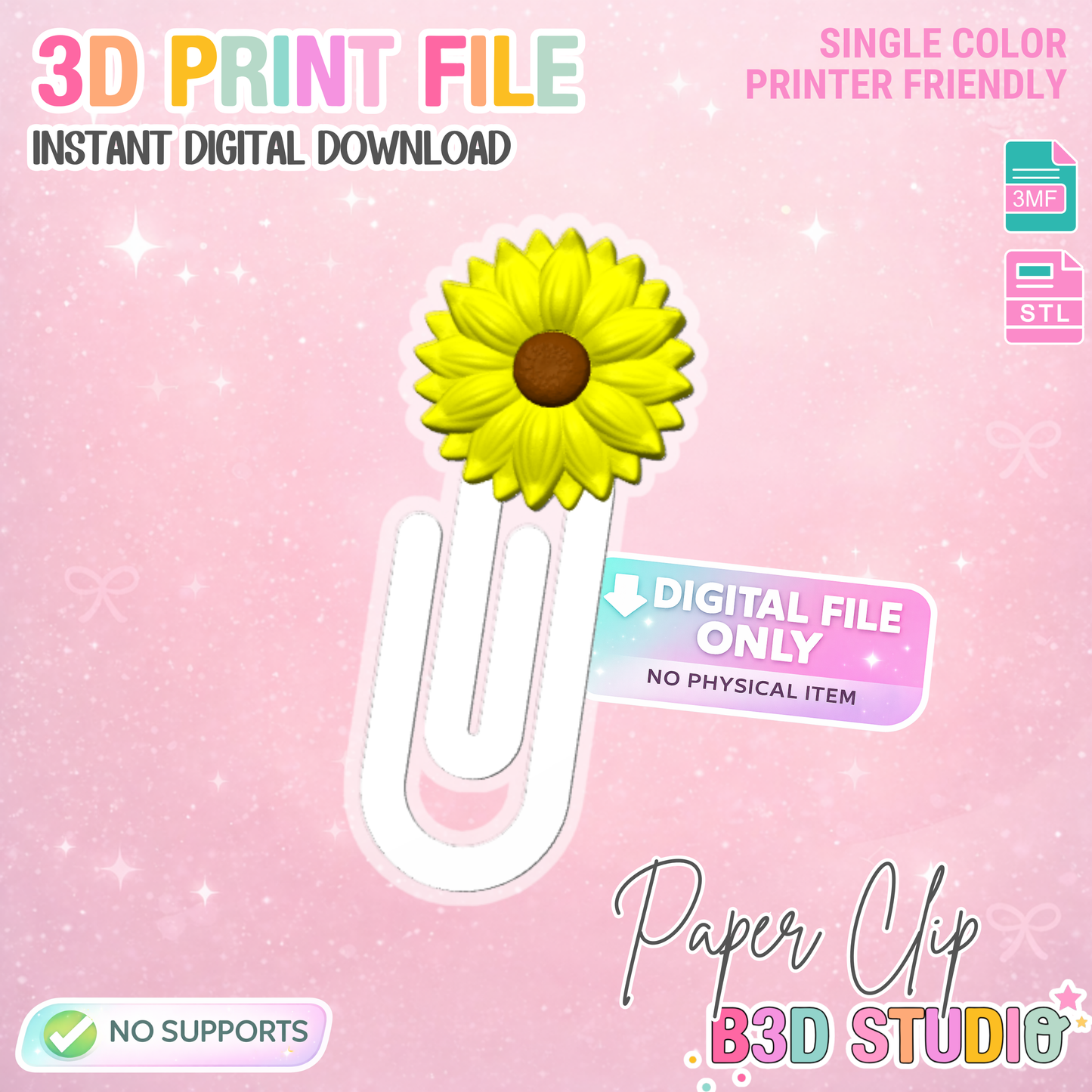 Sunflower Paper Clip Detailed Sculpted 3D Print File (STL & 3MF Digital Download)