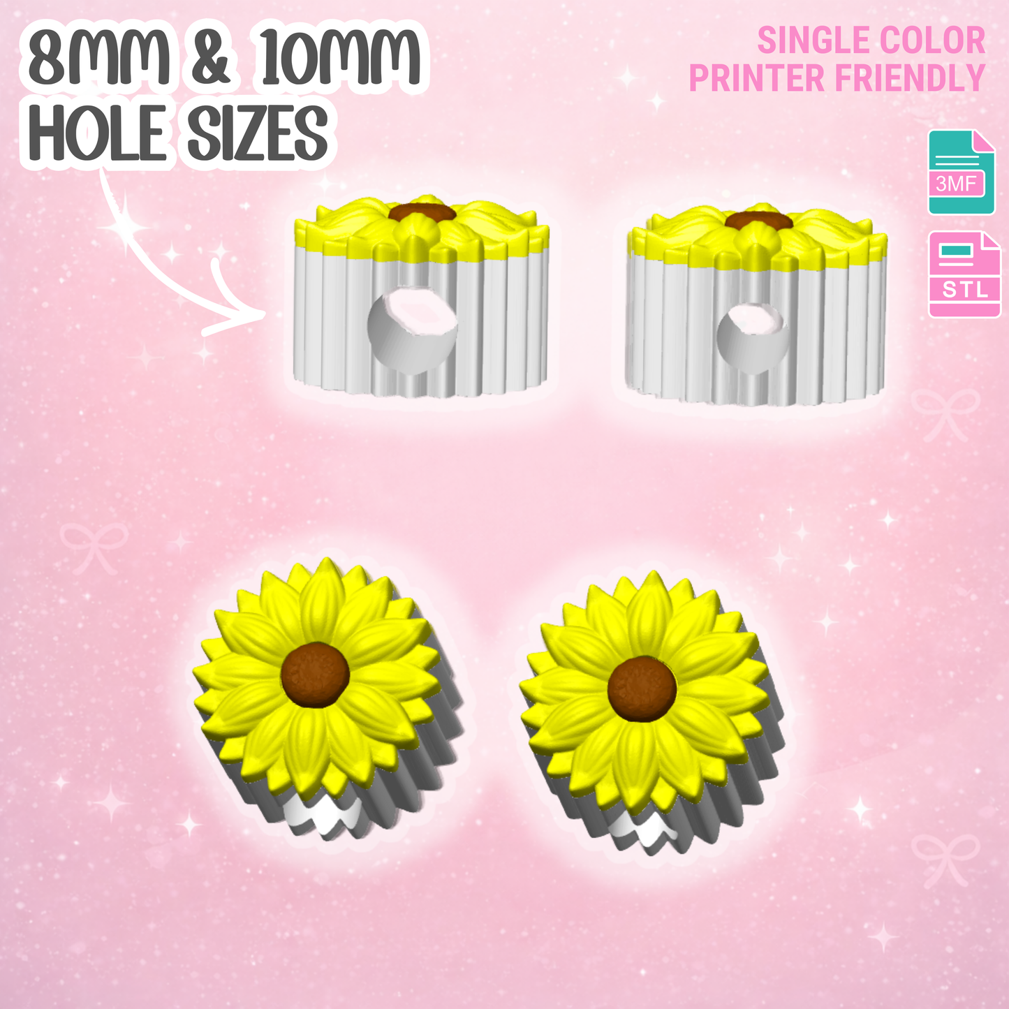 Sunflower Straw Topper Detailed 3D Print File (STL & 3MF Digital Download) 8mm + 10mm Sizes