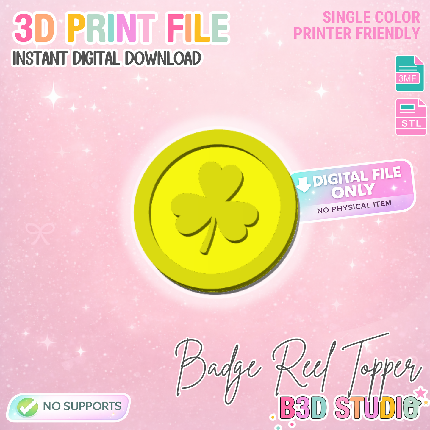 Lucky Clover Coin Badge Reel Topper Flat Back Embellishment (STL & 3MF Digital Download)