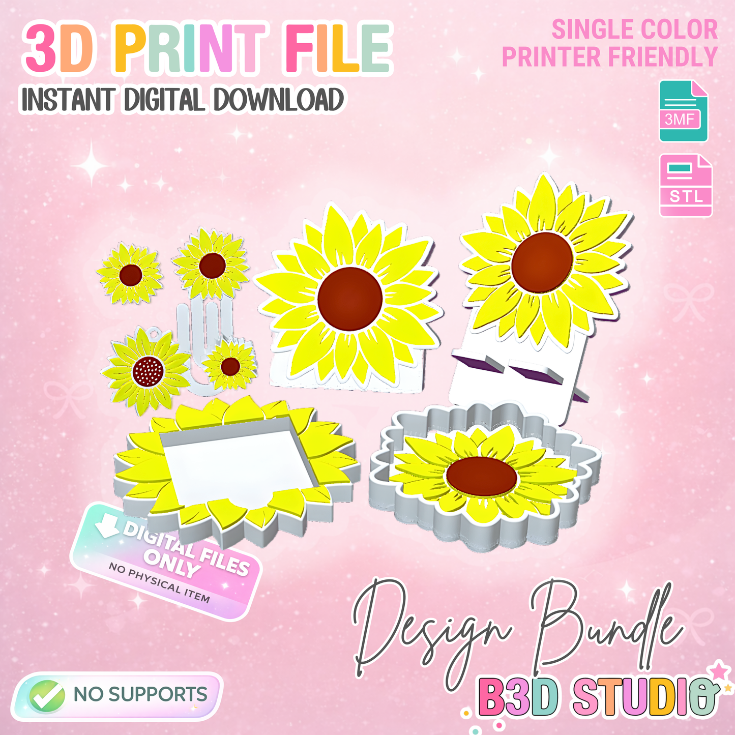Sunflower 3D Print File Bundle – Desk Decor (STL/3MF Digital Download)