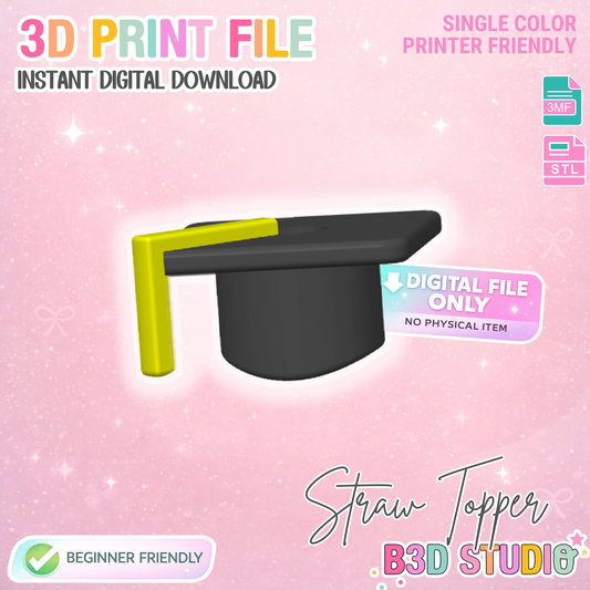 Grad Cap Straw Topper 3D Print File (STL & 3MF Digital Download) 8mm + 10mm Sizes