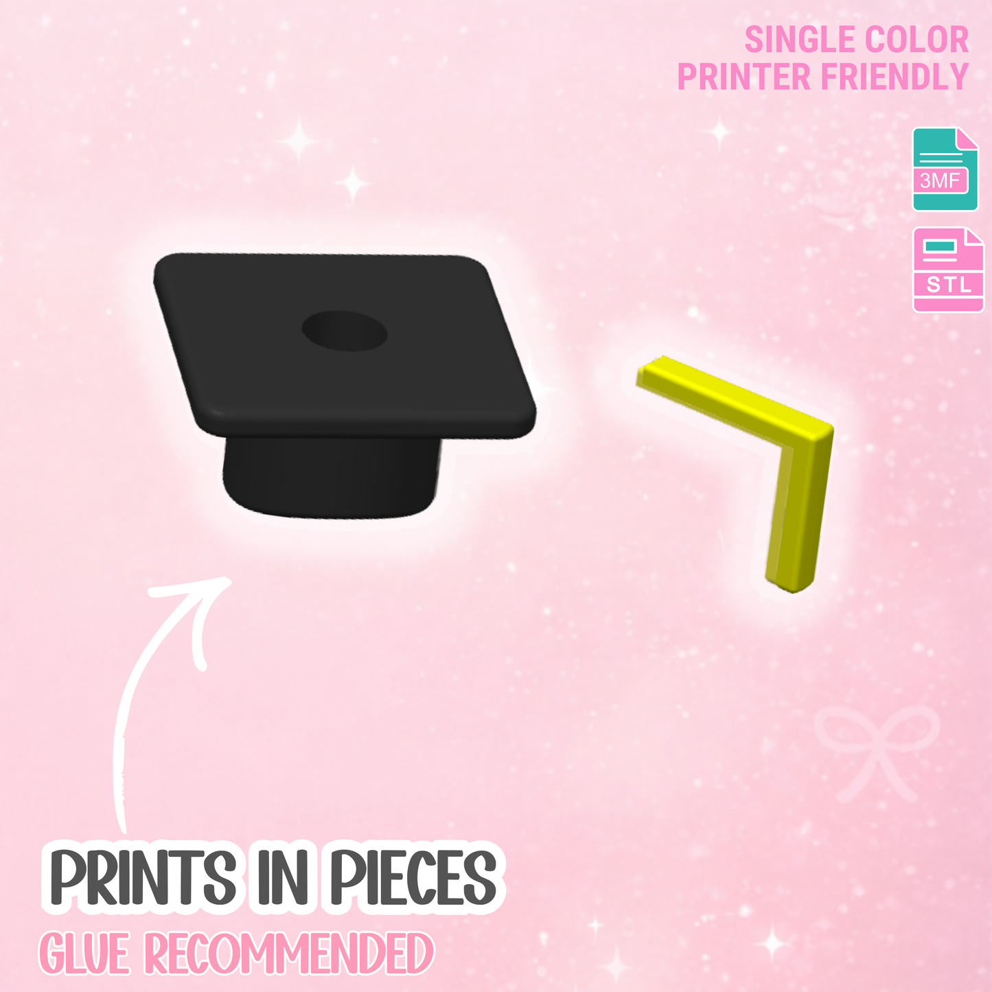 Grad Cap Straw Topper 3D Print File (STL & 3MF Digital Download) 8mm + 10mm Sizes
