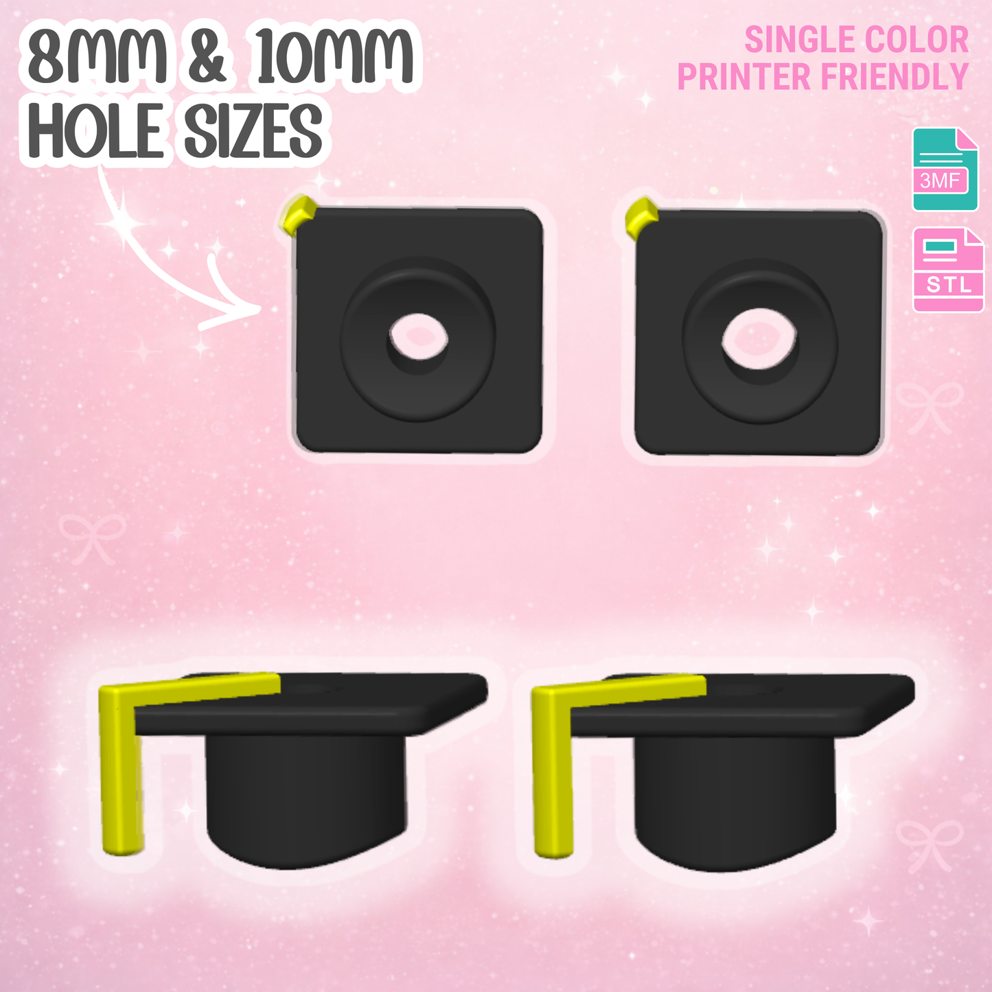 Grad Cap Straw Topper 3D Print File (STL & 3MF Digital Download) 8mm + 10mm Sizes