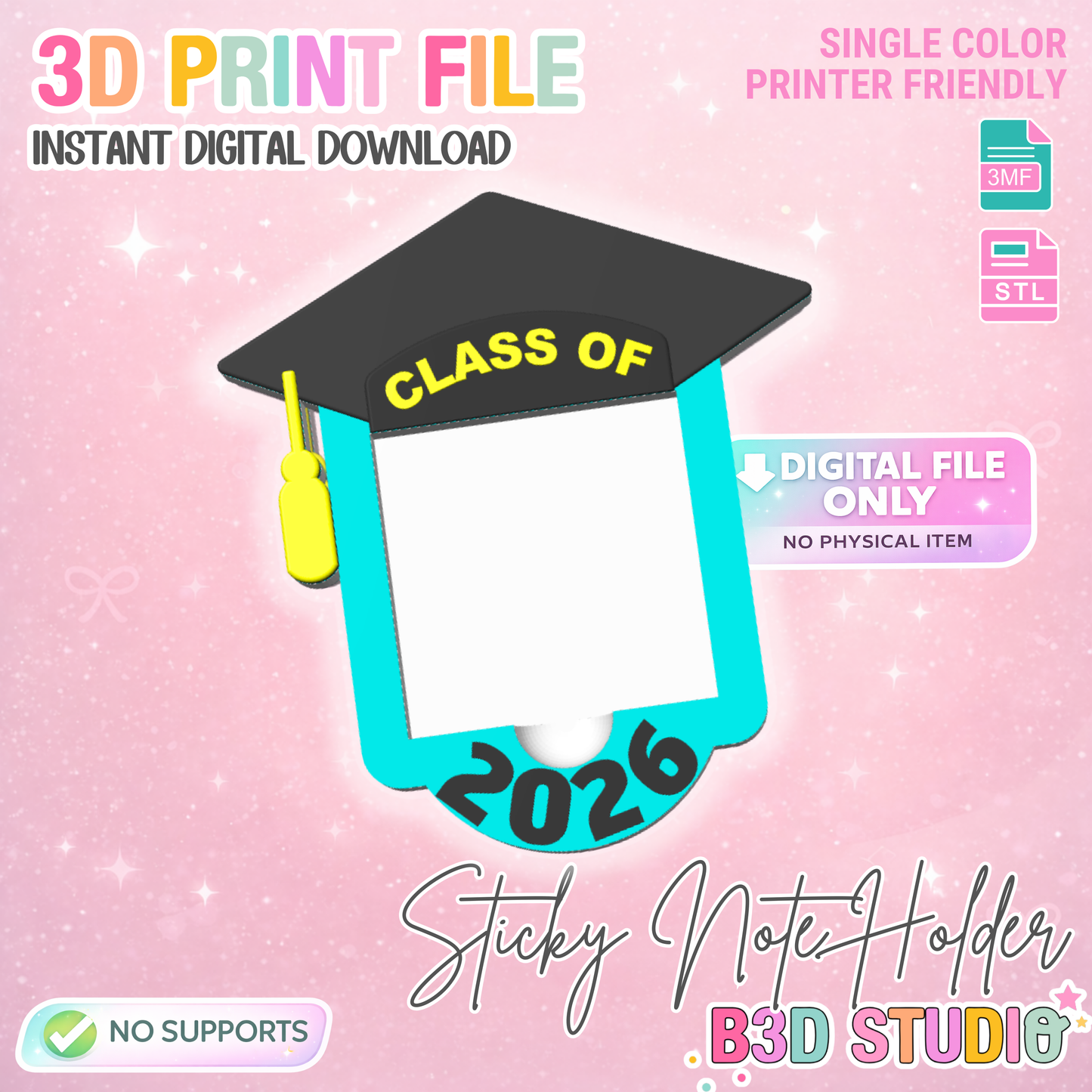 Graduation Sticky Note Holder: 3D Print Desk Organizer (STL/3MF File)