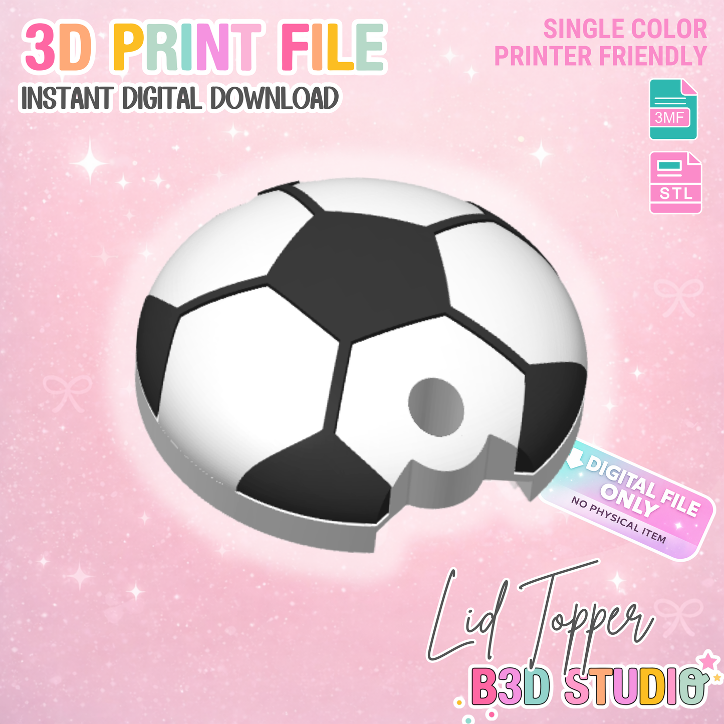 40OZ Soccer Ball Tumbler Topper: 3D Print STL & 3MF File Lid Toppers (Digital Download)