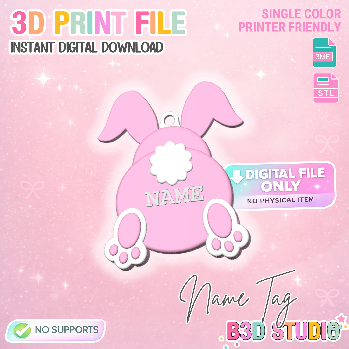Bunny Butt Name Tag 3D Print File (STL + 3MF Digital Download)