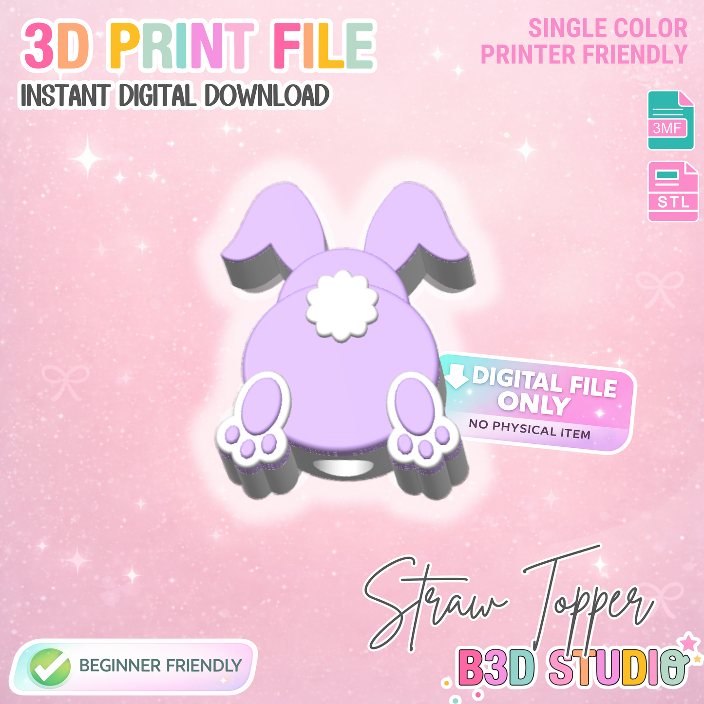 Bunny Butt Straw Topper 3D Print File (STL & 3MF Digital Download) 8mm + 10mm Sizes