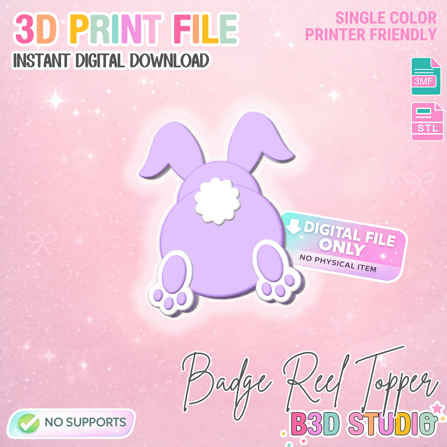 Bunny Butt Badge Reel Topper Flat Back 3D Print File (STL & 3MF Digital Download)