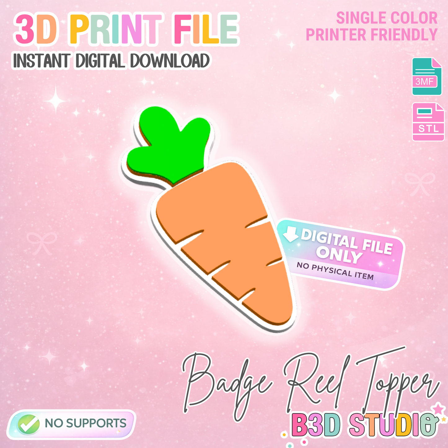 Carrot Badge Reel Topper Flat Back 3D Print File (STL & 3MF Digital Download)