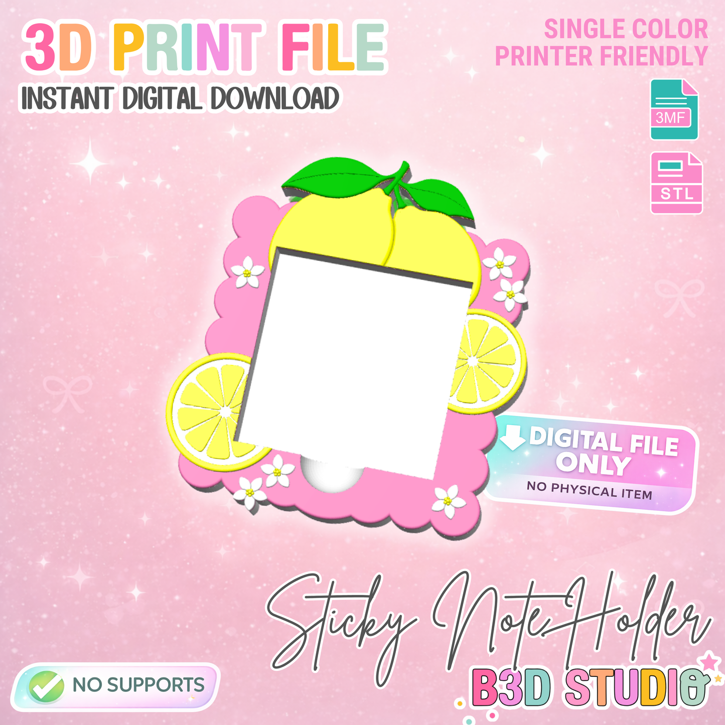 Lemons Sticky Note Holder STL + 3MF File: Girly 3D Printable Organizer (Digital Download)